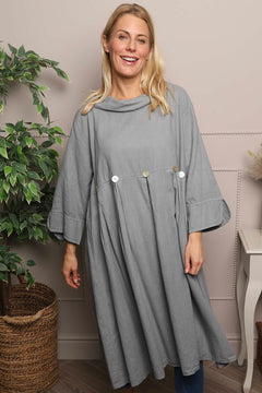 Cromer Button Detail Linen Dress Mid Grey