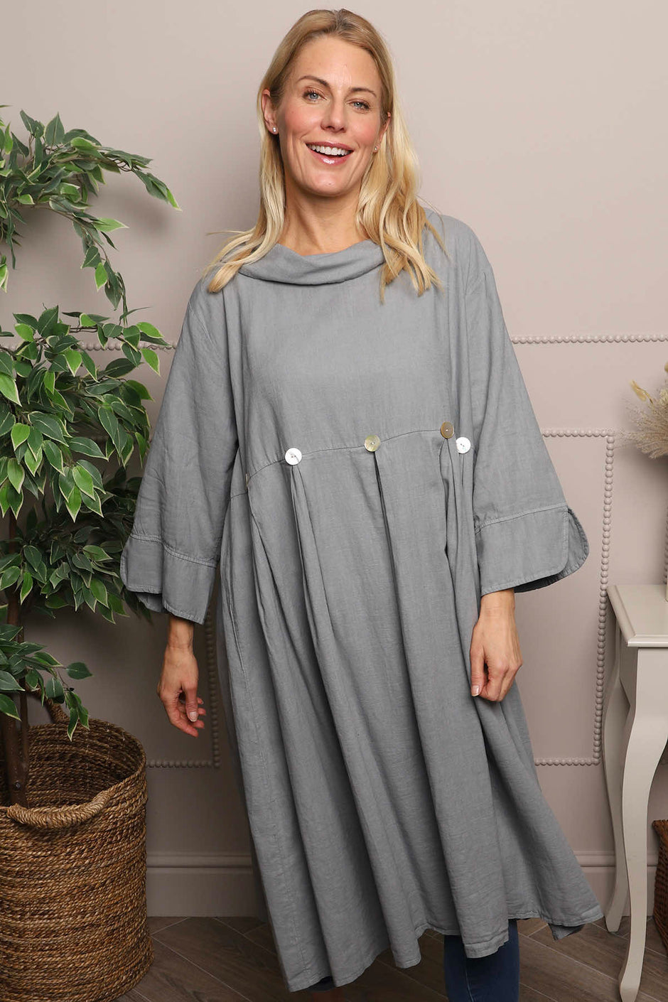 Cromer Button Detail Linen Dress Mid Grey