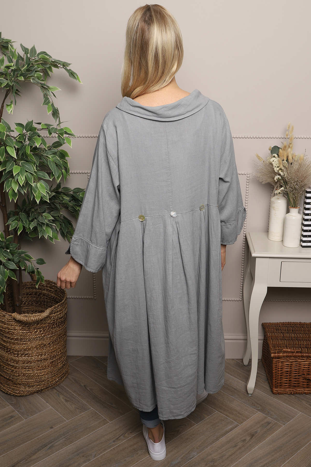 Cromer Button Detail Linen Dress Mid Grey