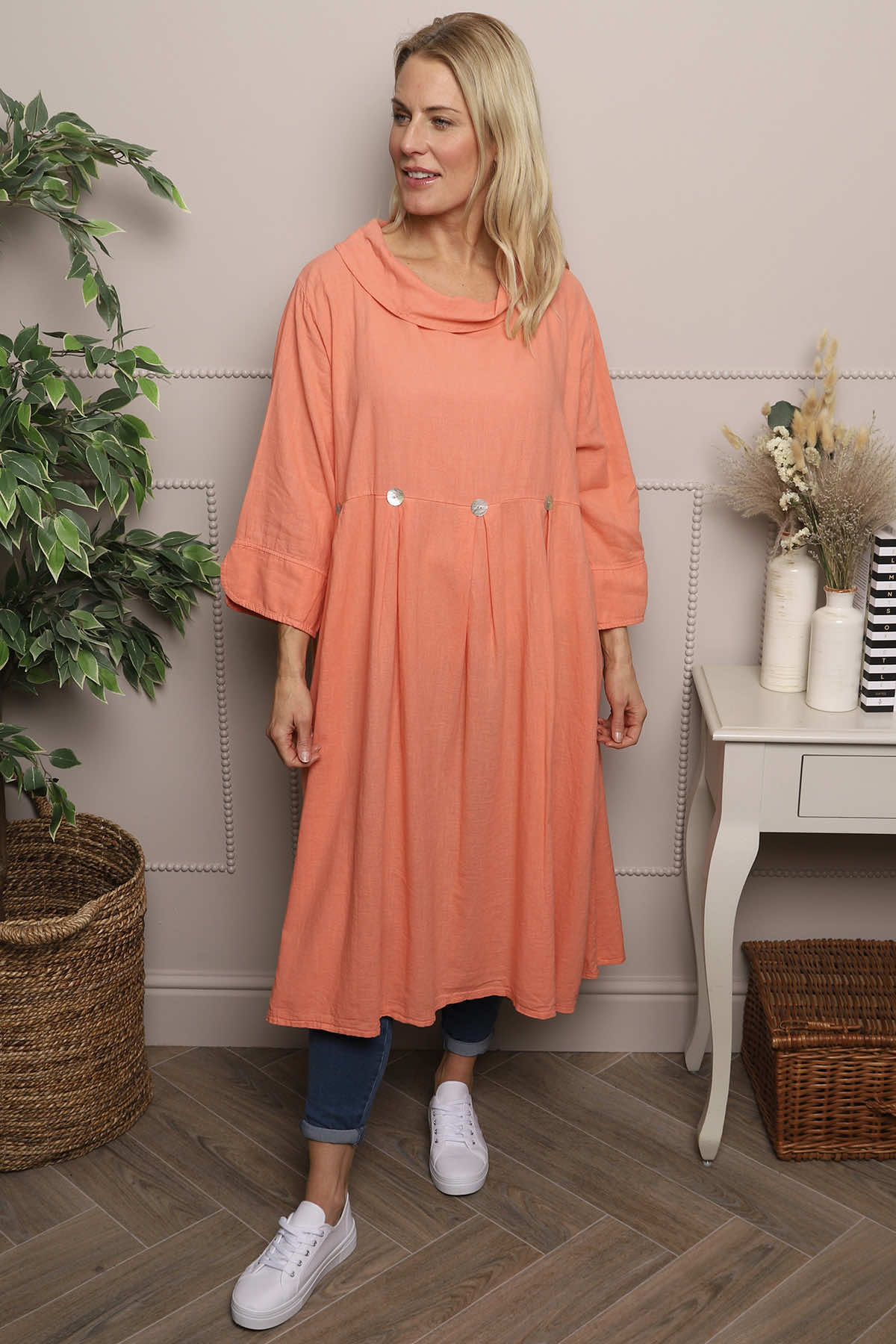 Cromer Button Detail Linen Dress Orange