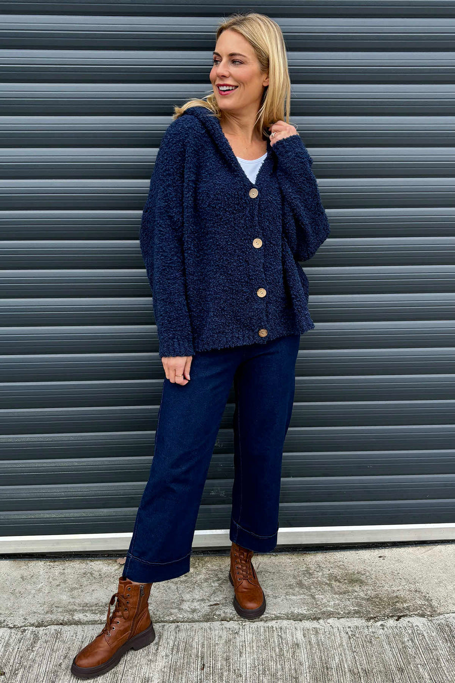 Joelle Hooded Boucle Cardigan Navy