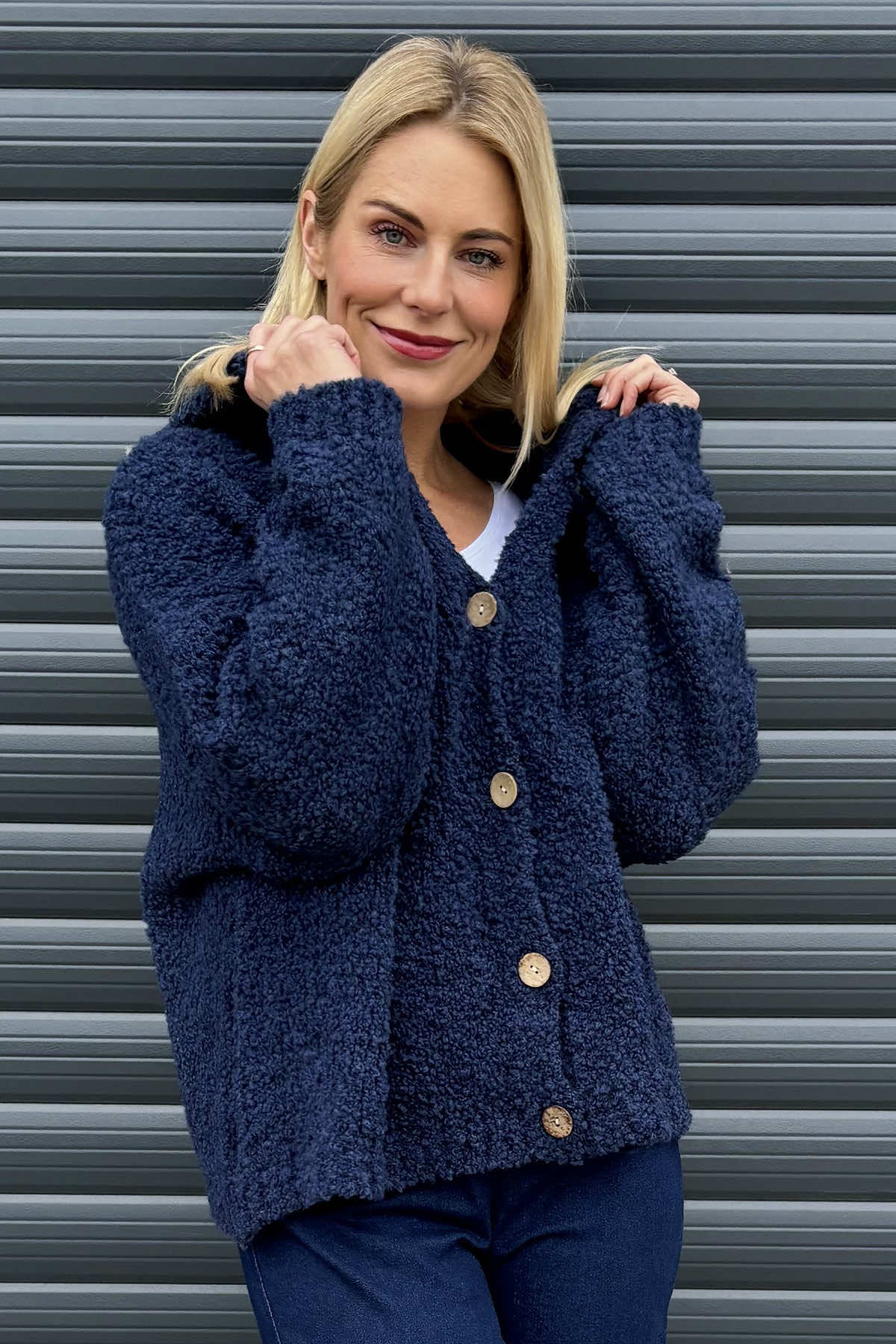 Joelle Hooded Boucle Cardigan Navy