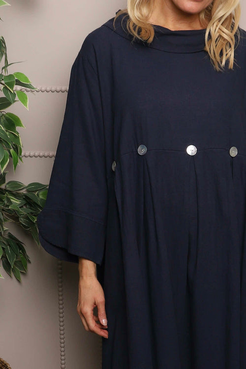 Cromer Button Detail Linen Dress Navy - Image 3