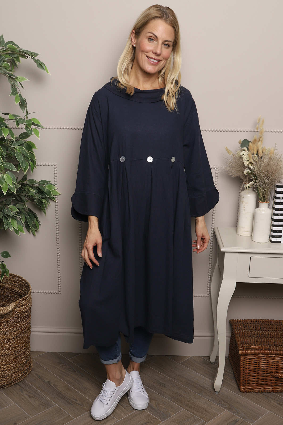 Cromer Button Detail Linen Dress Navy