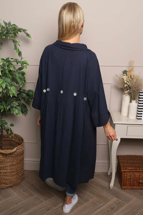 Cromer Button Detail Linen Dress Navy - Image 4