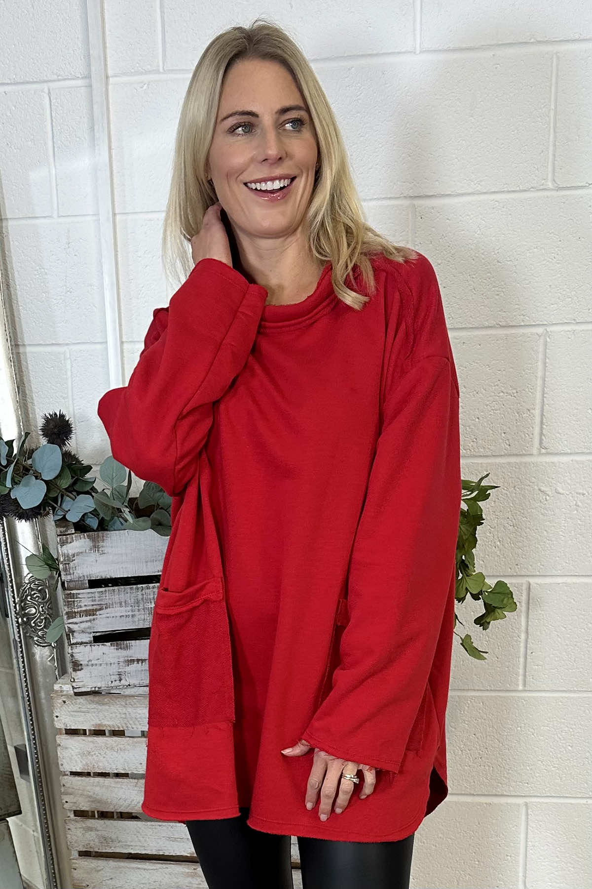 Katherine Cowl Pocket Top Red