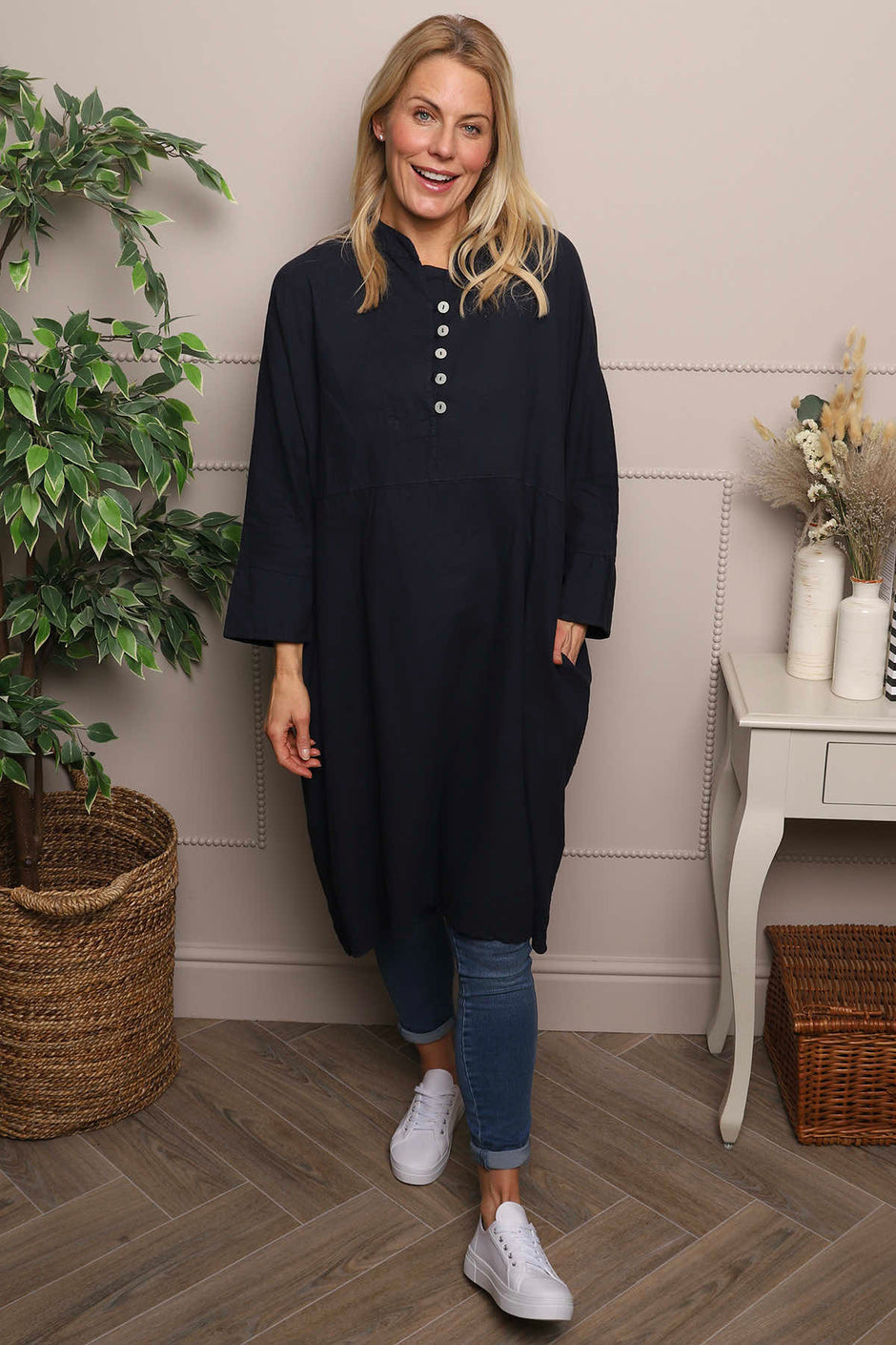 Helena Linen Dress Navy
