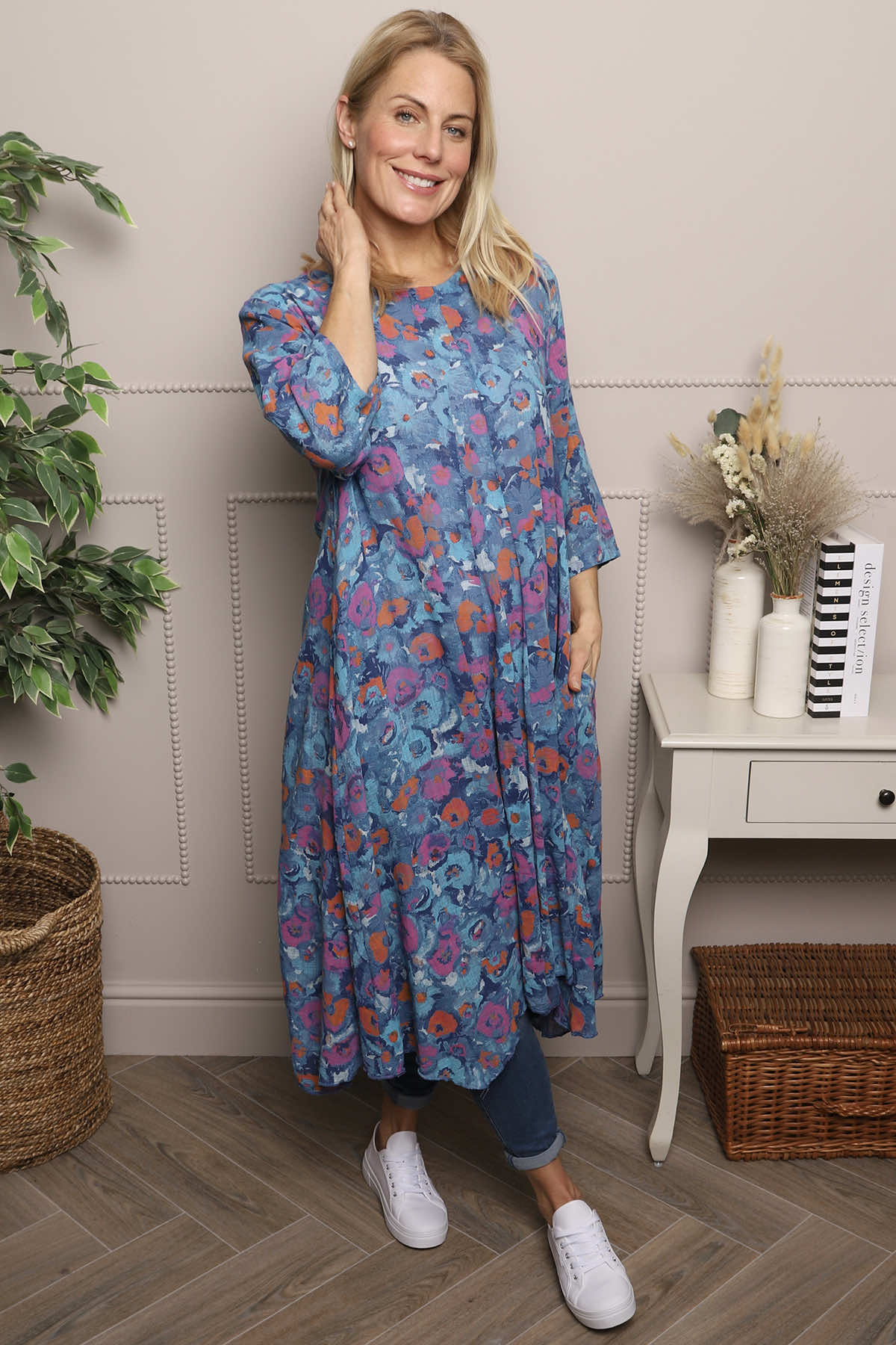 Blue Eleni Floral Print Linen Dress | Made In Italy