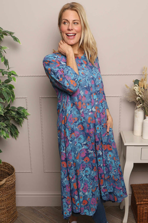 chinese dress ladies Blue Eleni Floral Print Linen Dress | Made In Italy