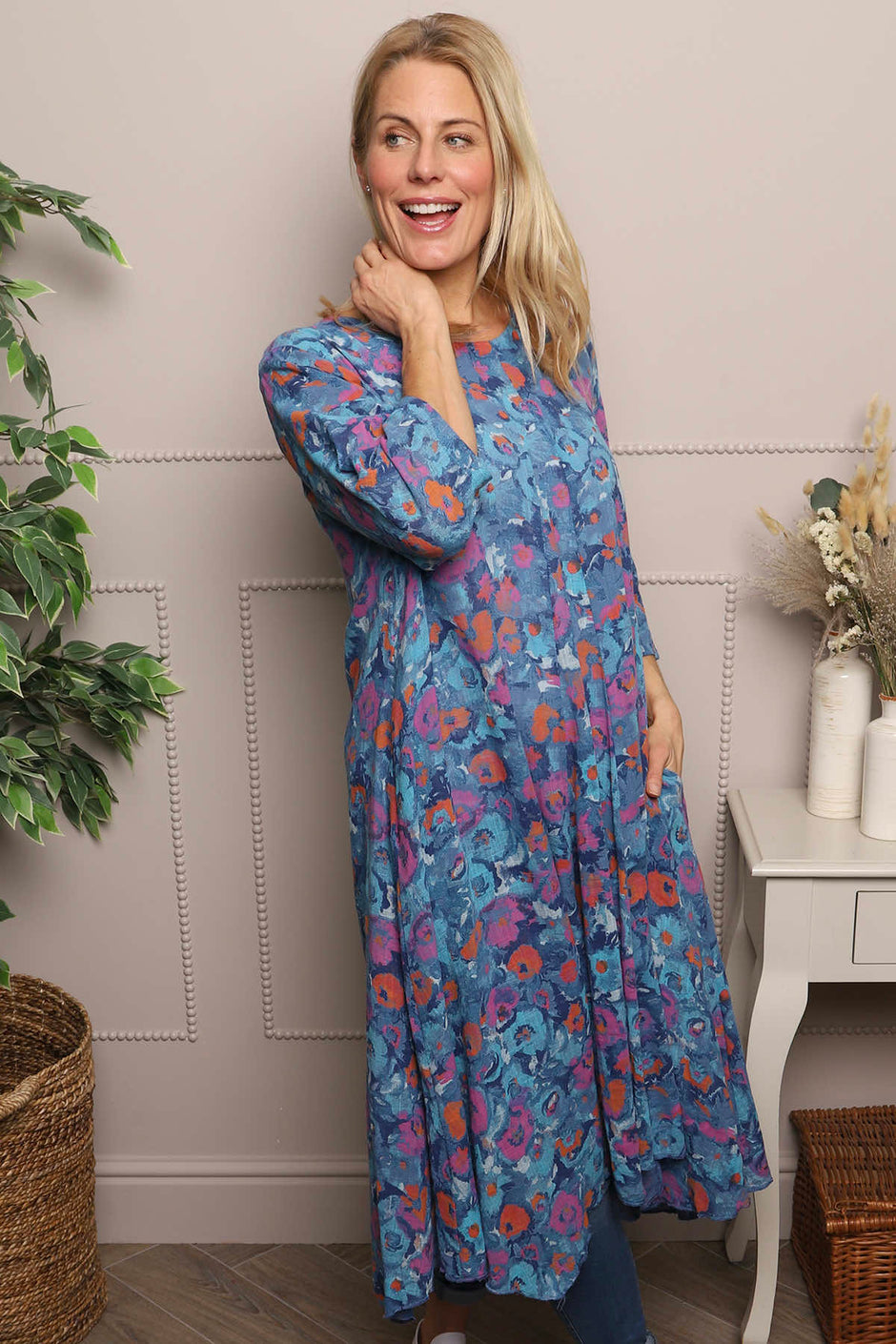 Eleni Floral Print Linen Dress Blue