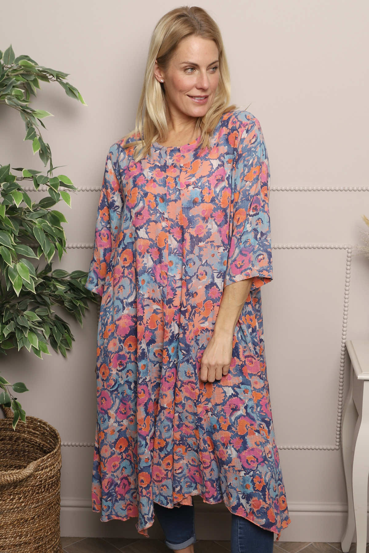 Eleni Floral Print Linen Dress Orange