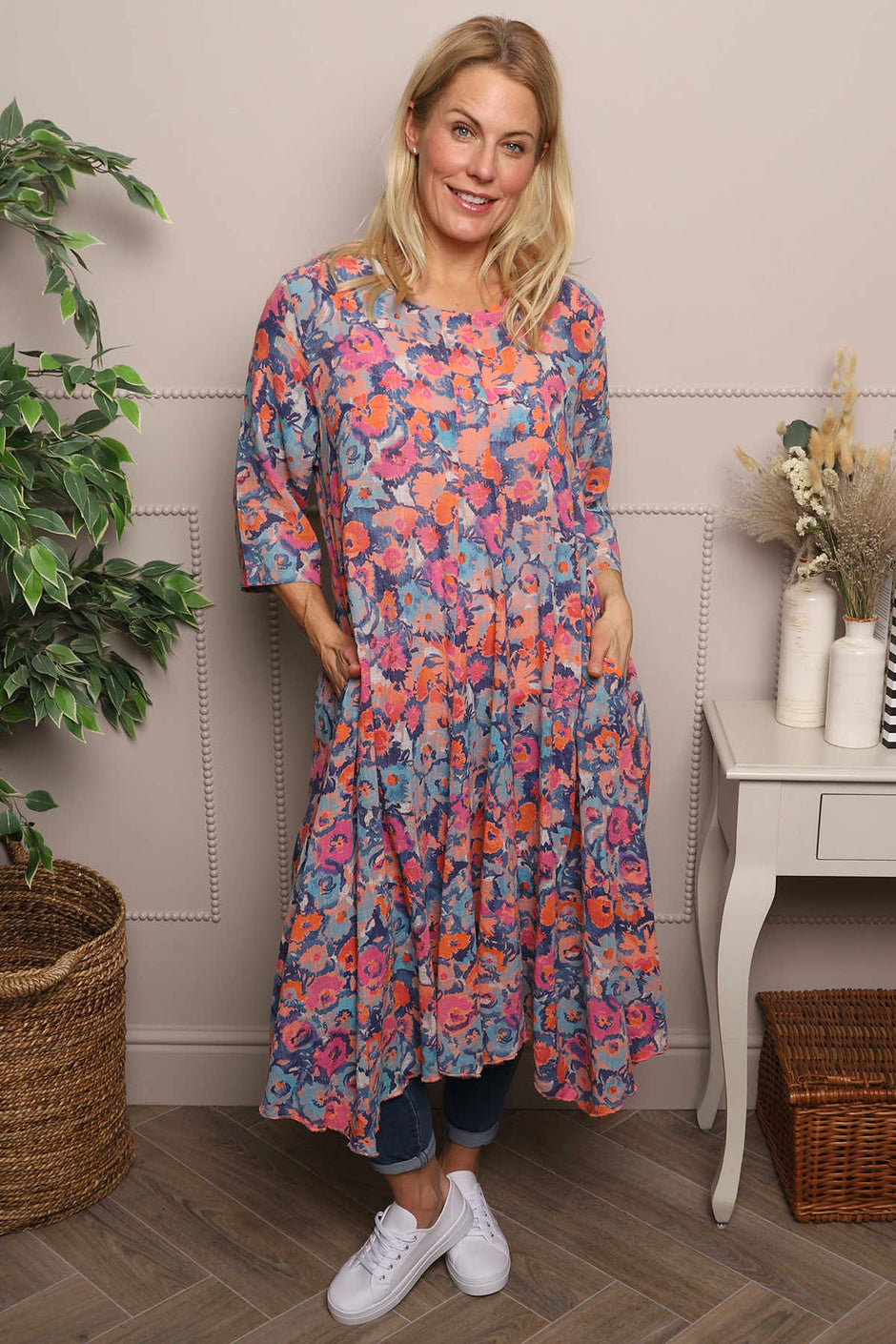 Eleni Floral Print Linen Dress Orange