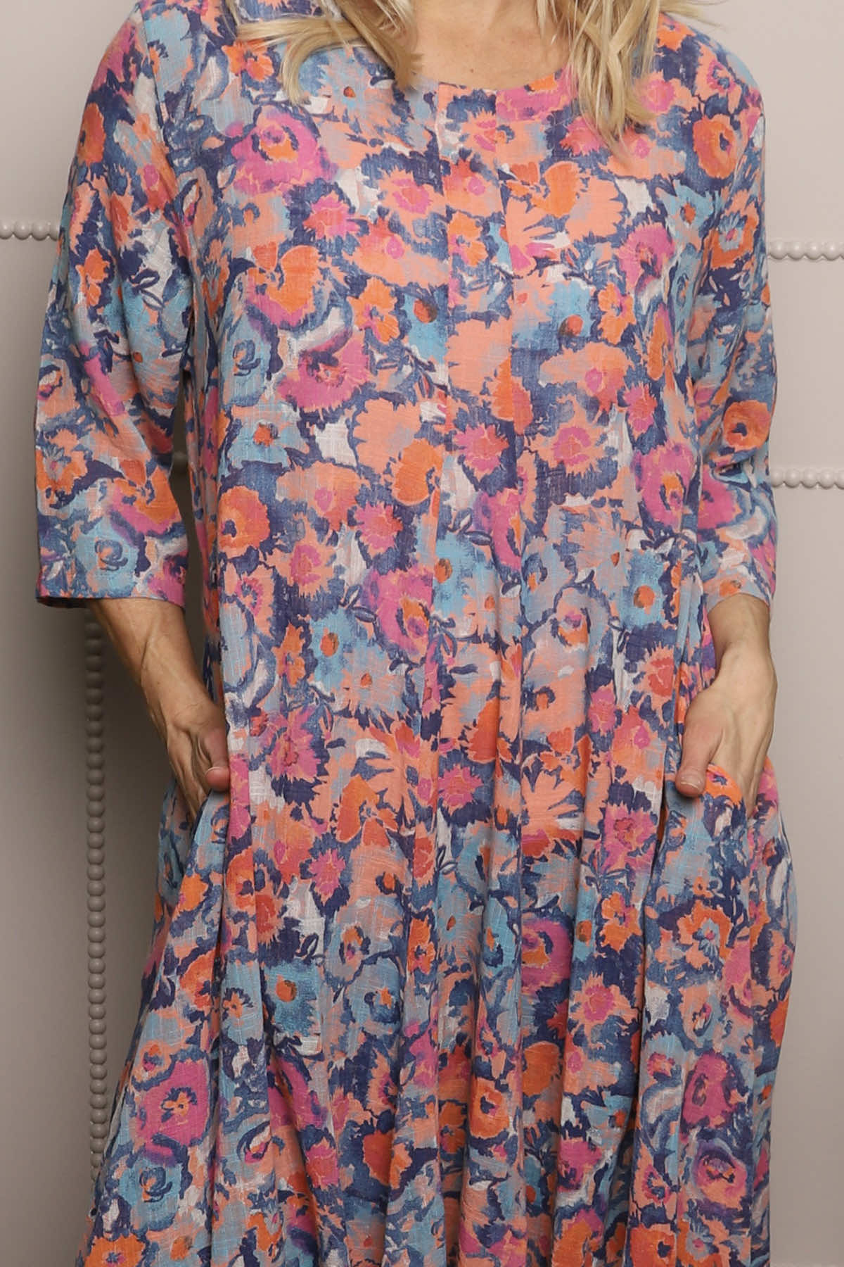 Eleni Floral Print Linen Dress Orange