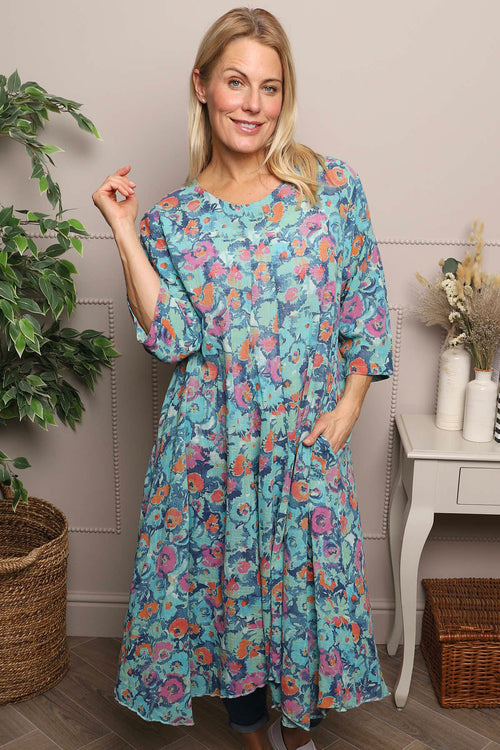 chinese dress ladies Green Eleni Floral Print Linen Dress | Made In Italy