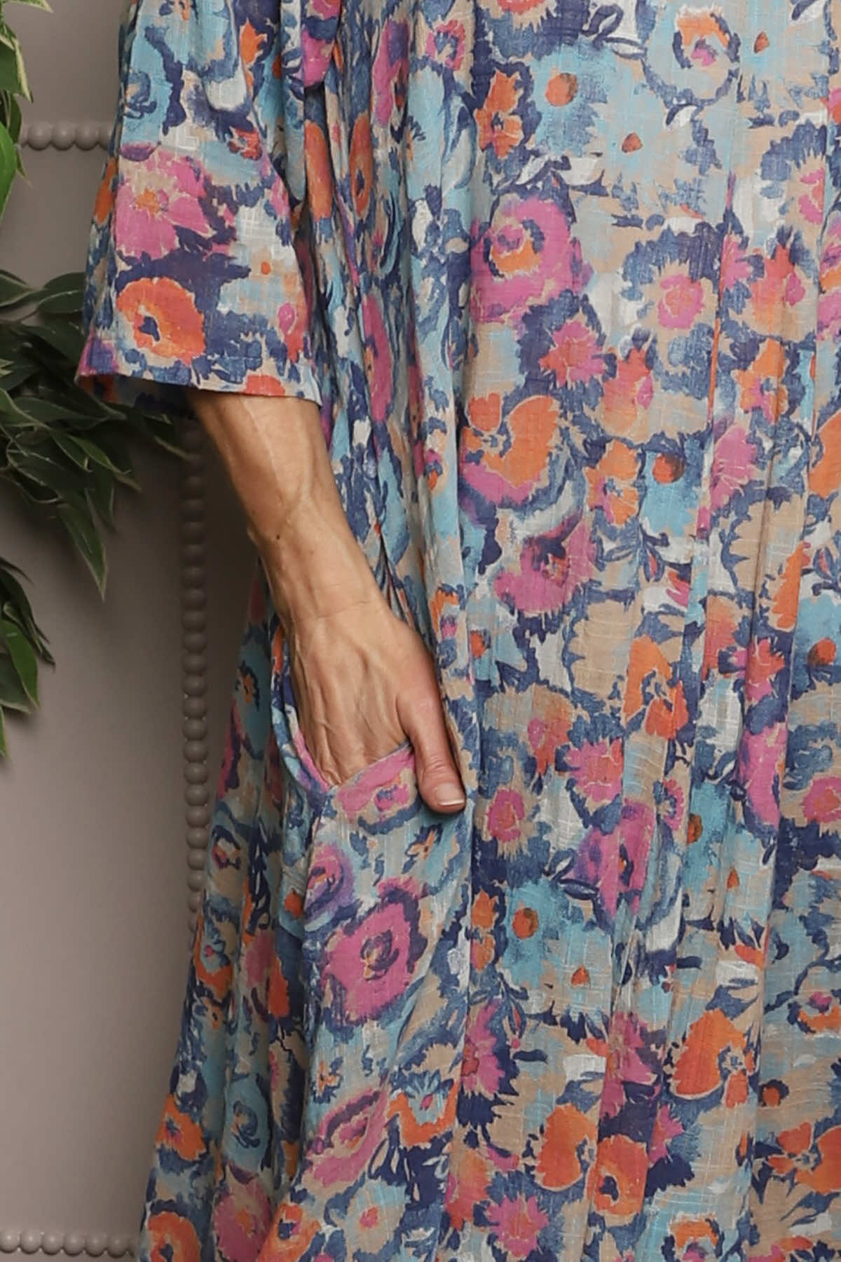 Eleni Floral Print Linen Dress Camel