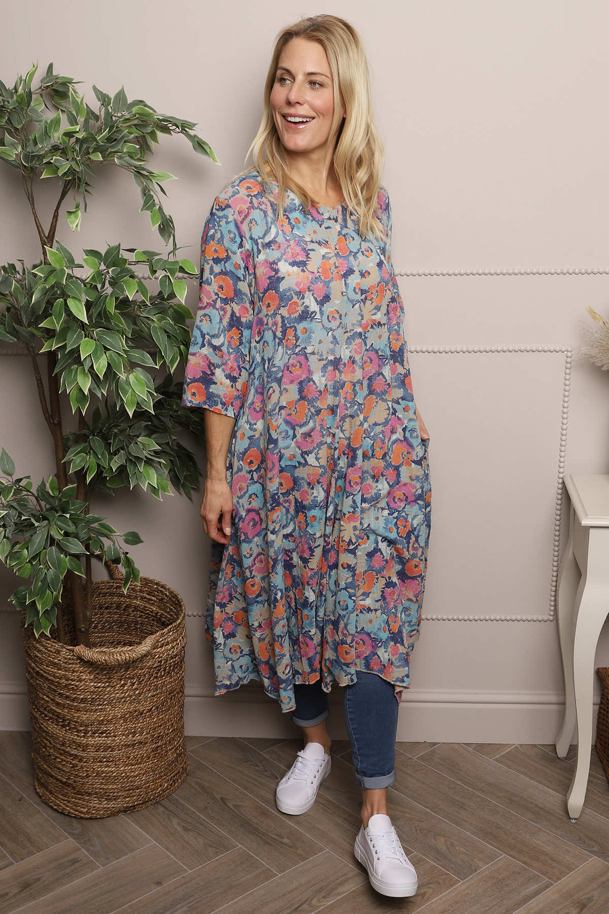 Eleni Floral Print Linen Dress Camel