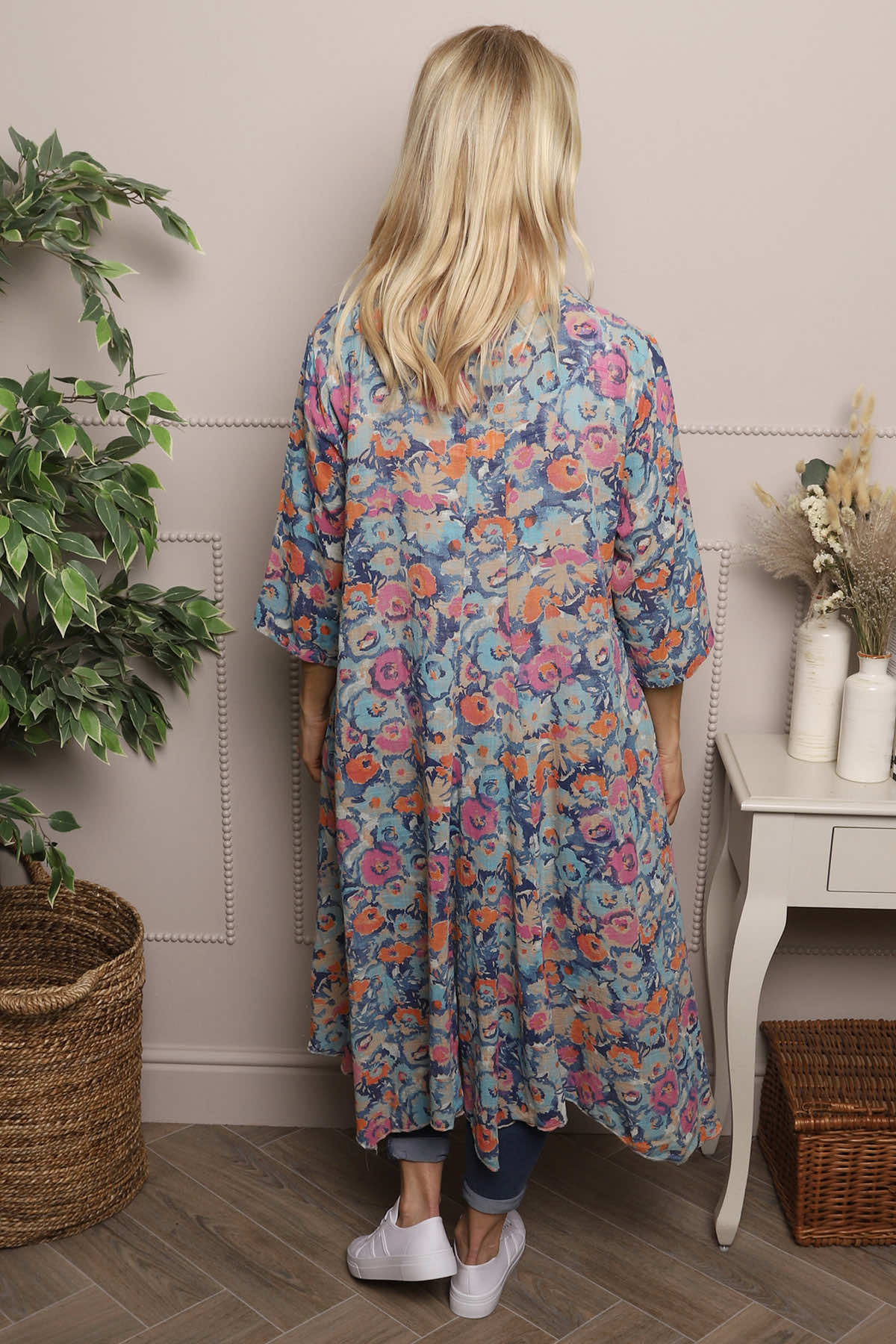 Eleni Floral Print Linen Dress Camel