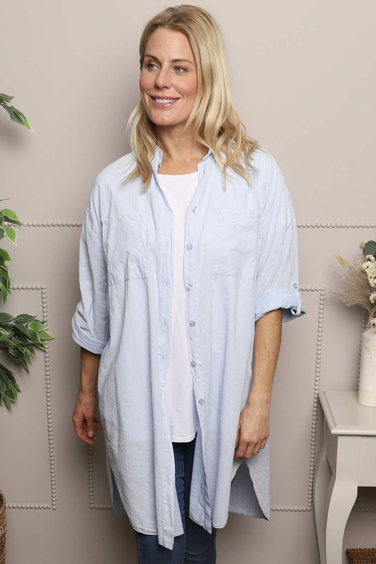 Amelia Stripe Cotton Shirt Light Blue
