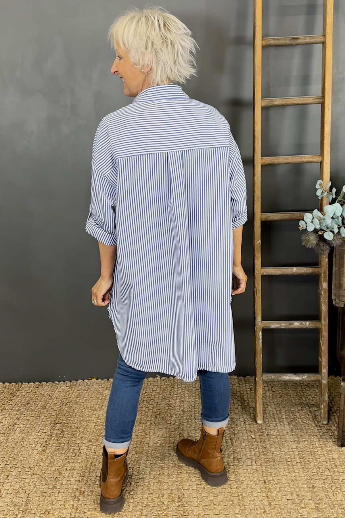 Cassie Longline Stripe Cotton Shirt Navy