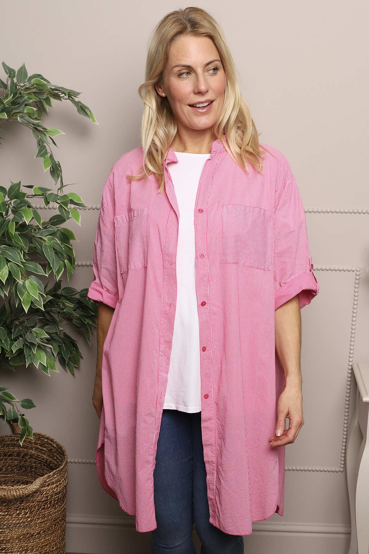 Amelia Stripe Cotton Shirt Fuchsia