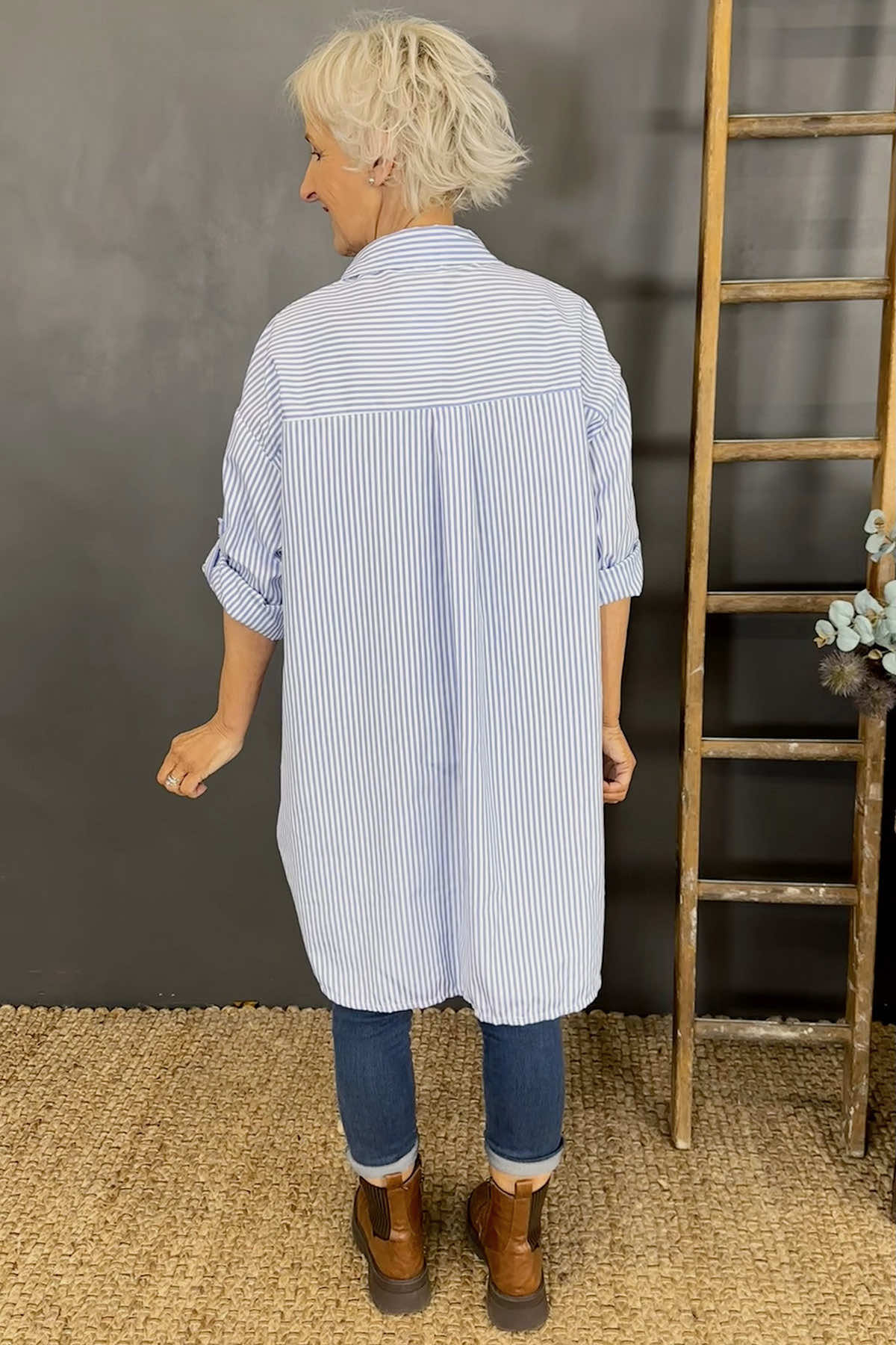 Cassie Longline Stripe Cotton Shirt Blue