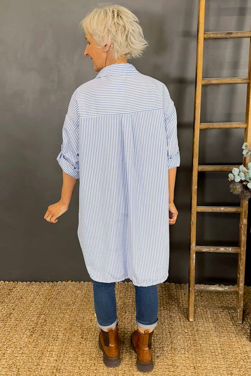 Cassie Longline Stripe Cotton Shirt Blue - Image 4