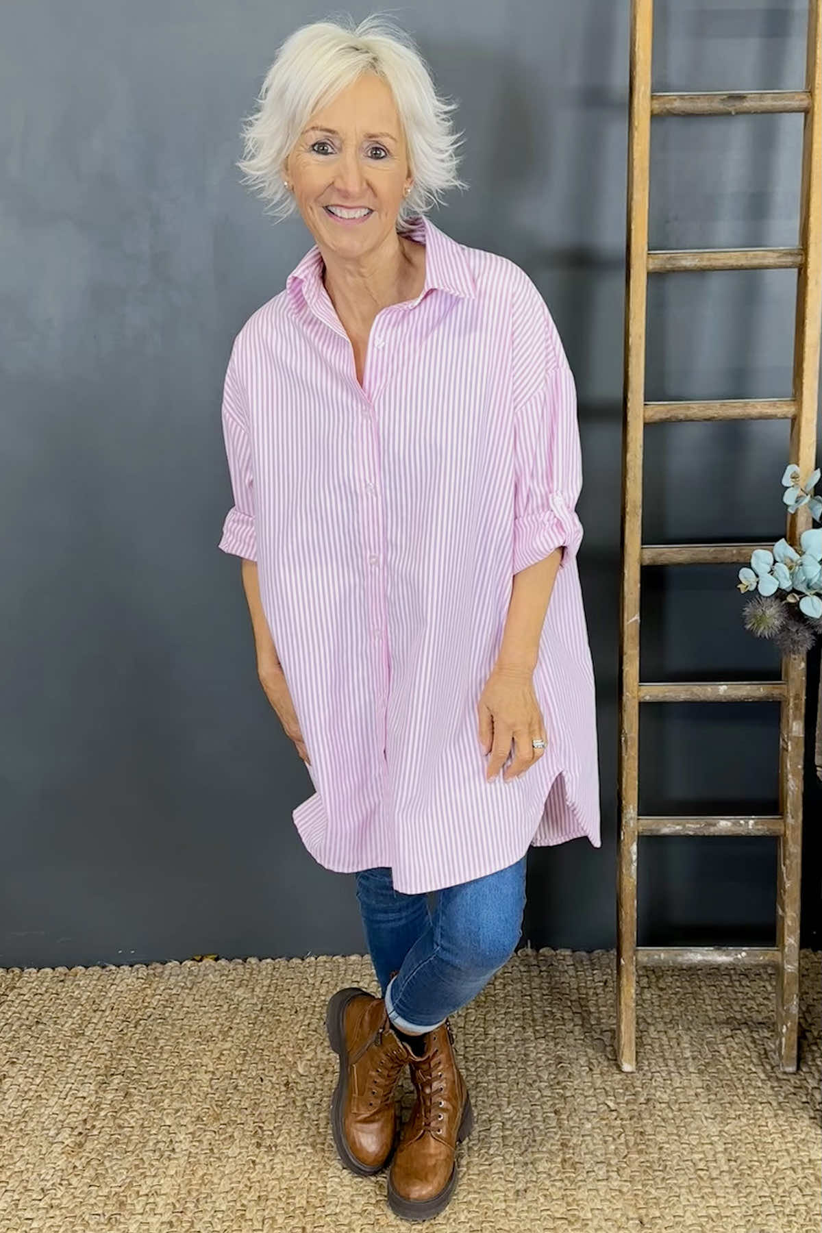 Cassie Longline Stripe Cotton Shirt Pink