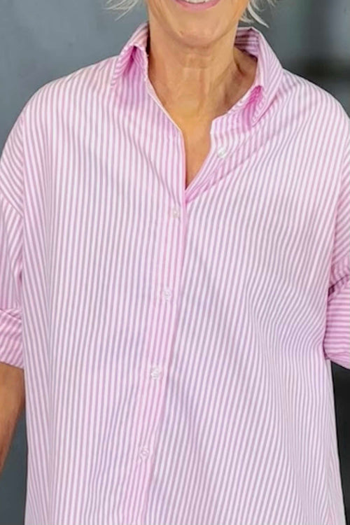 Cassie Longline Stripe Cotton Shirt Pink - Image 3