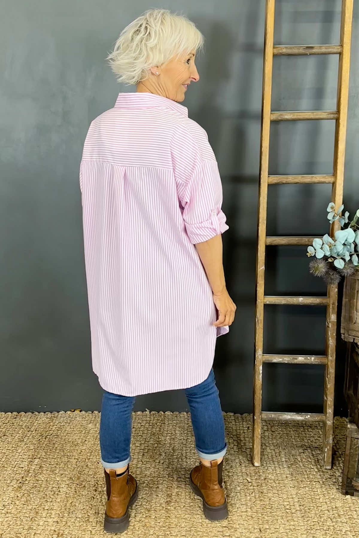 Cassie Longline Stripe Cotton Shirt Pink