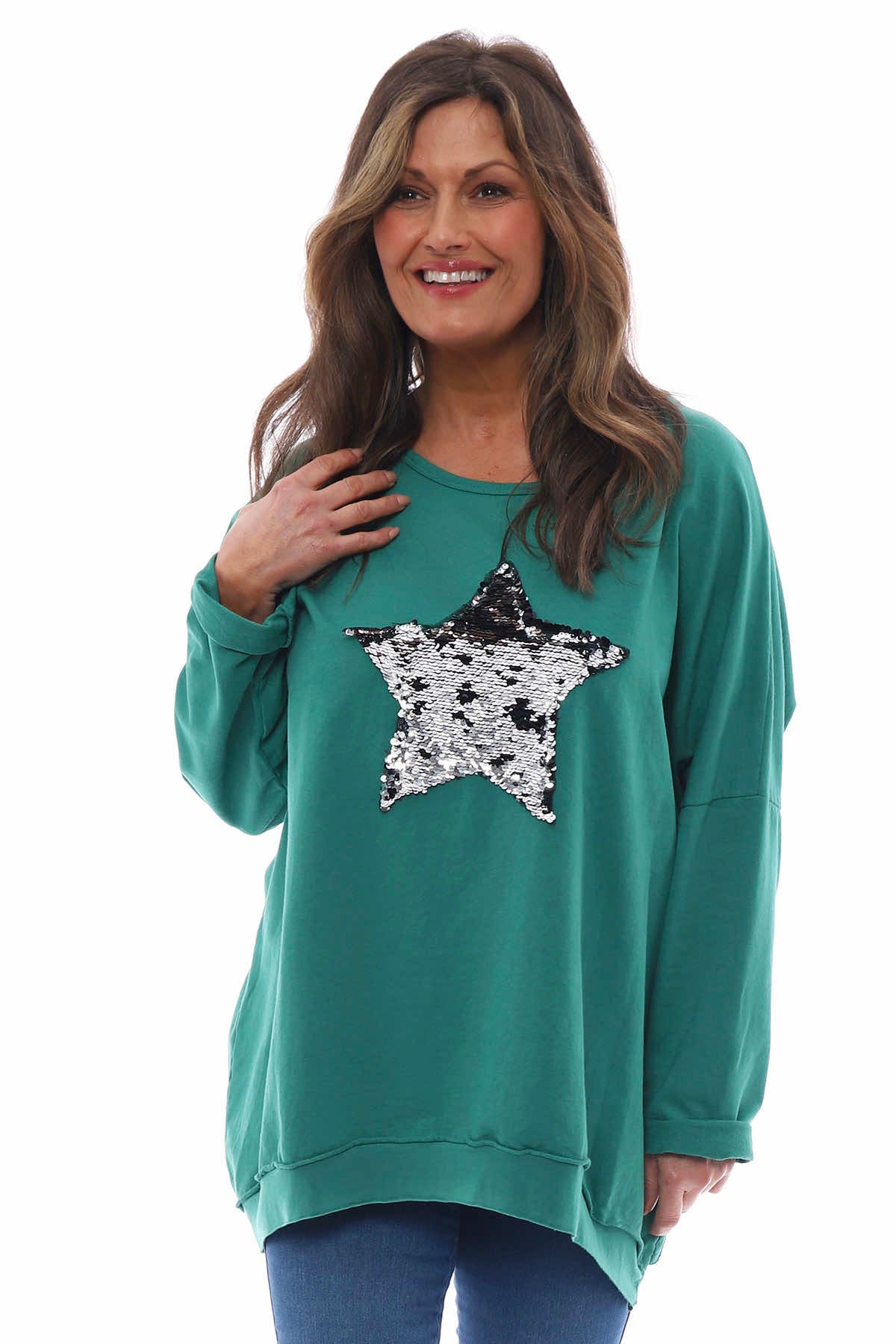 Selsey Sequin Star Cotton Top Emerald