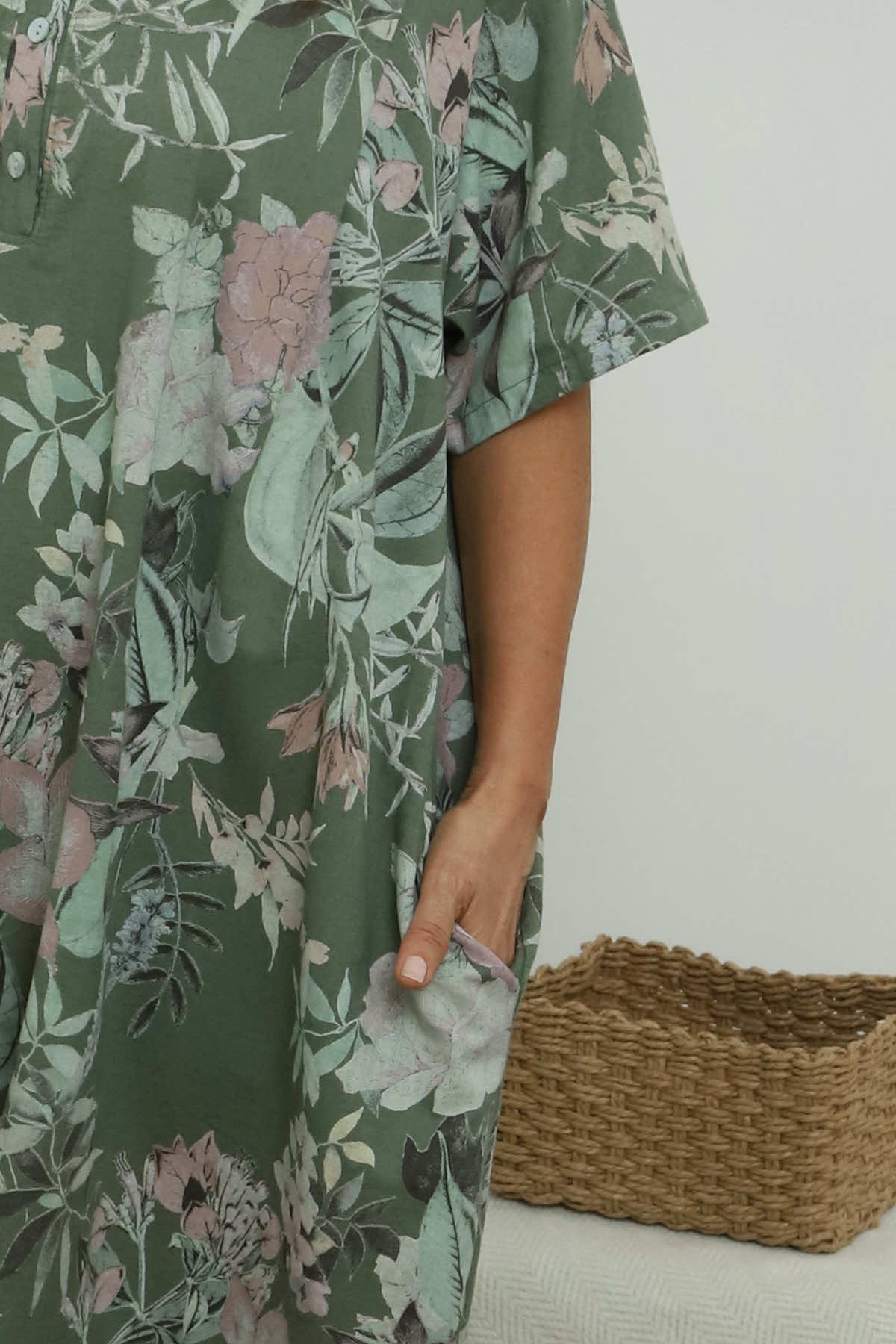 Mavis Floral Linen Dress Khaki