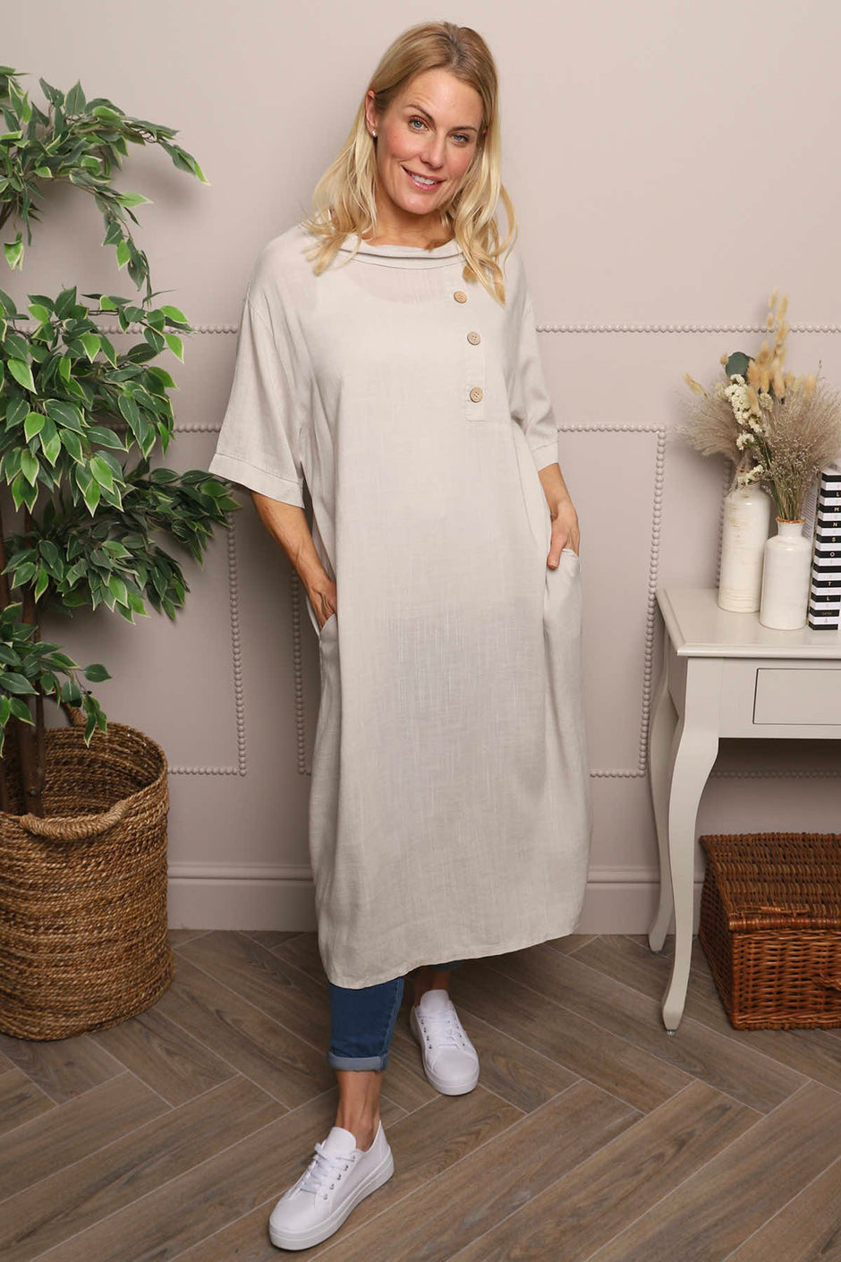 Alvina Cowl Button Detail Dress Stone