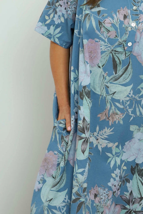 Mavis Floral Linen Dress Blue - Image 3