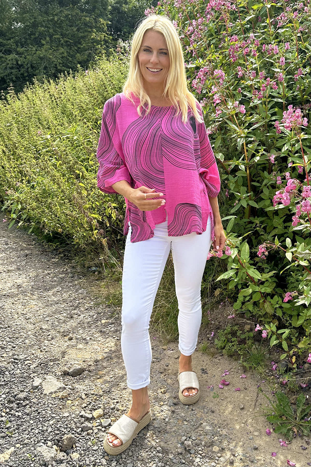 Faye Print Linen Top Fuchsia