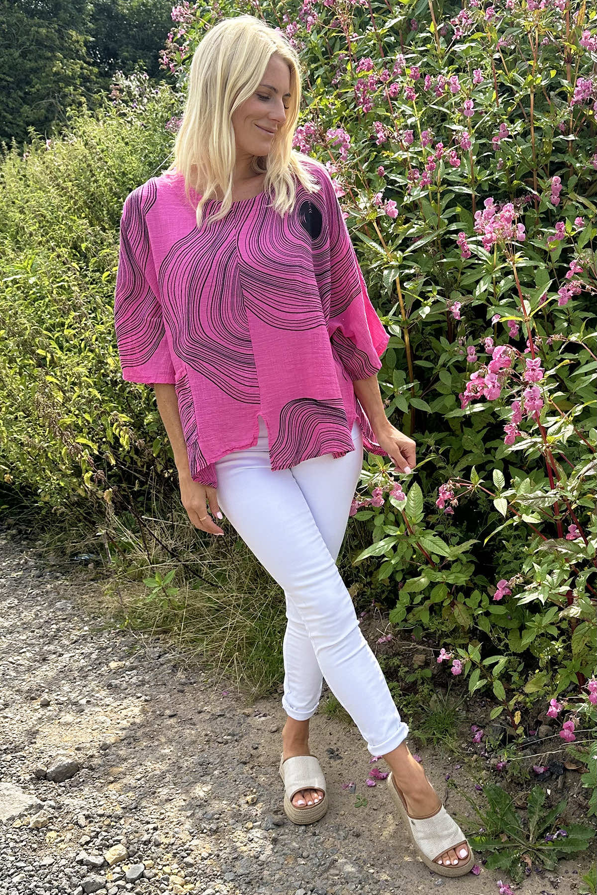 Faye Print Linen Top Fuchsia