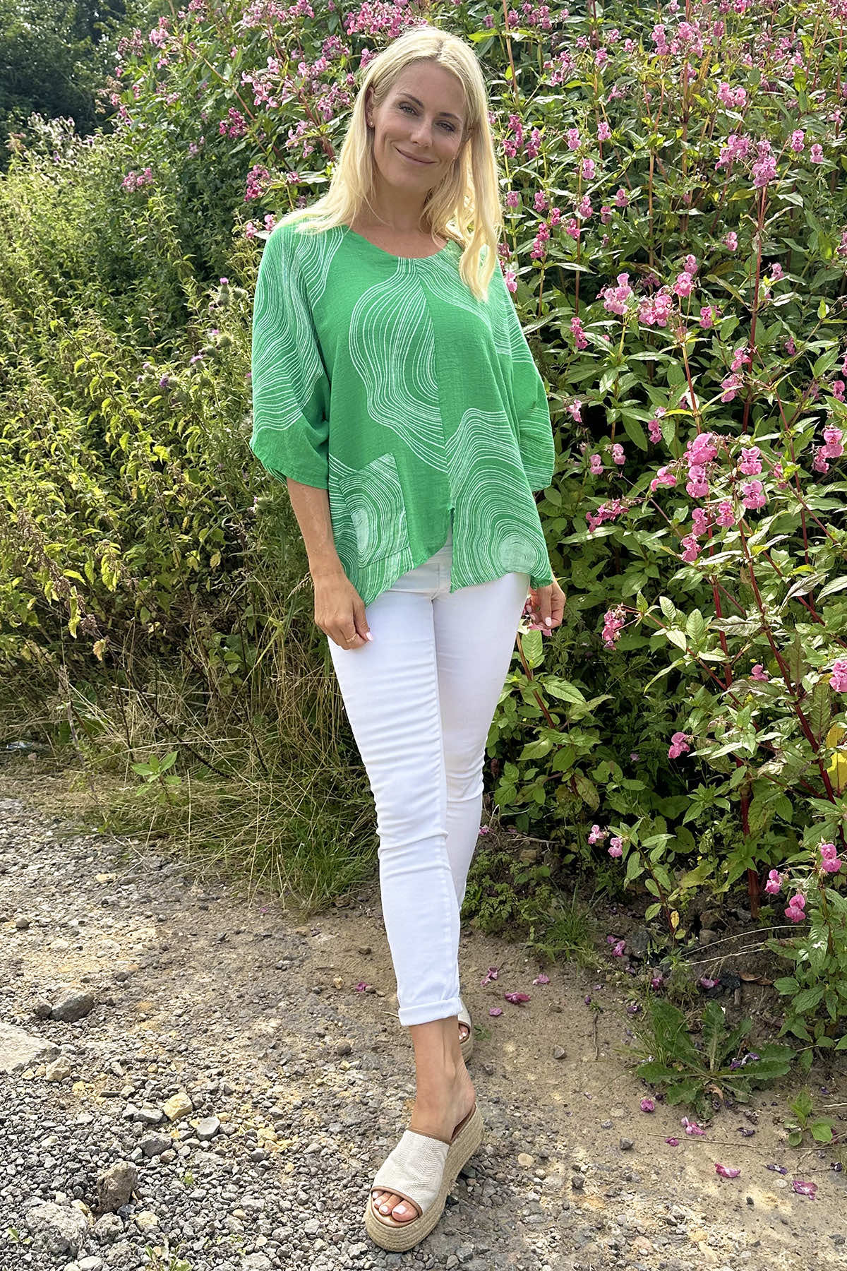 Faye Print Linen Top Green