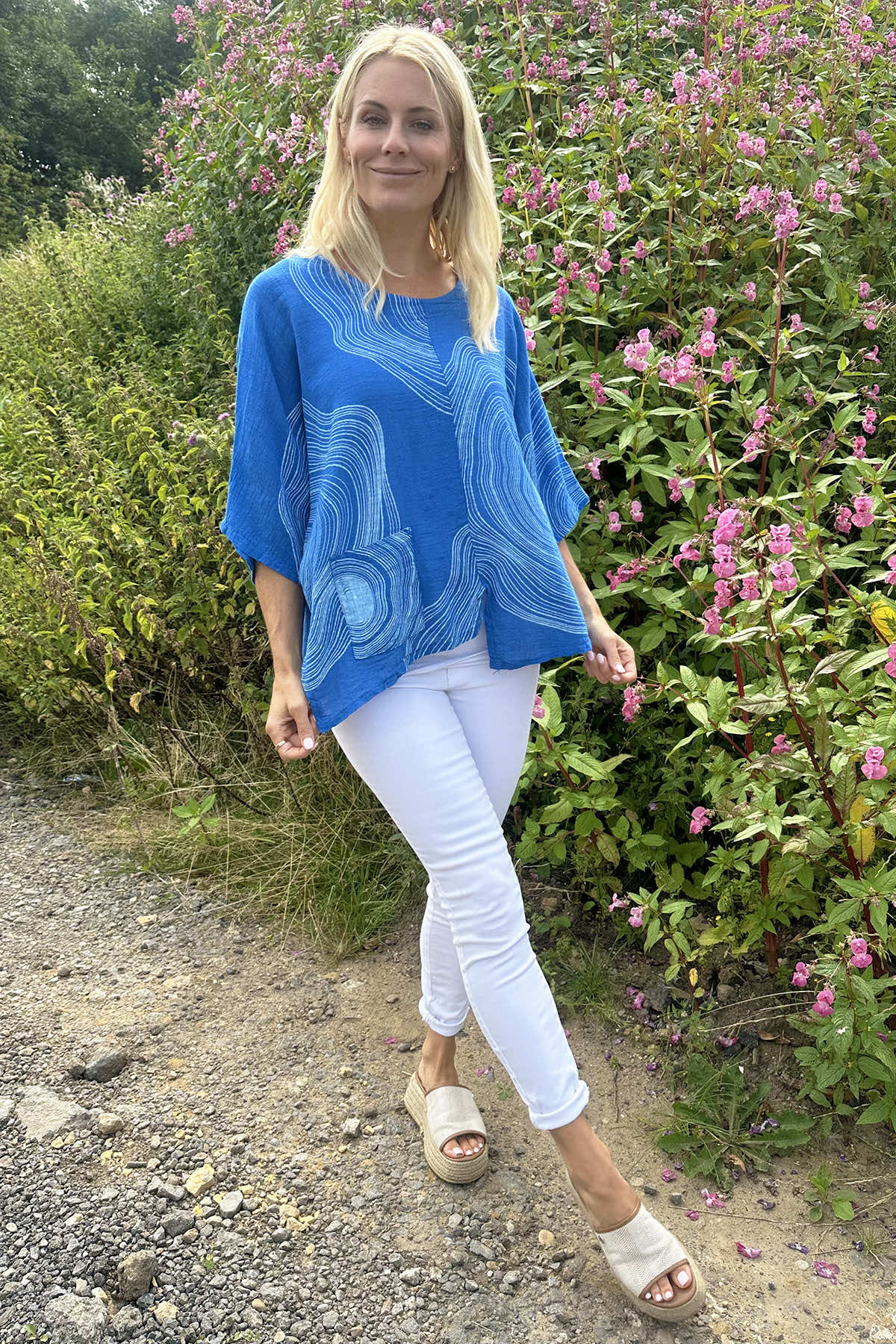 Faye Print Linen Top Cobalt