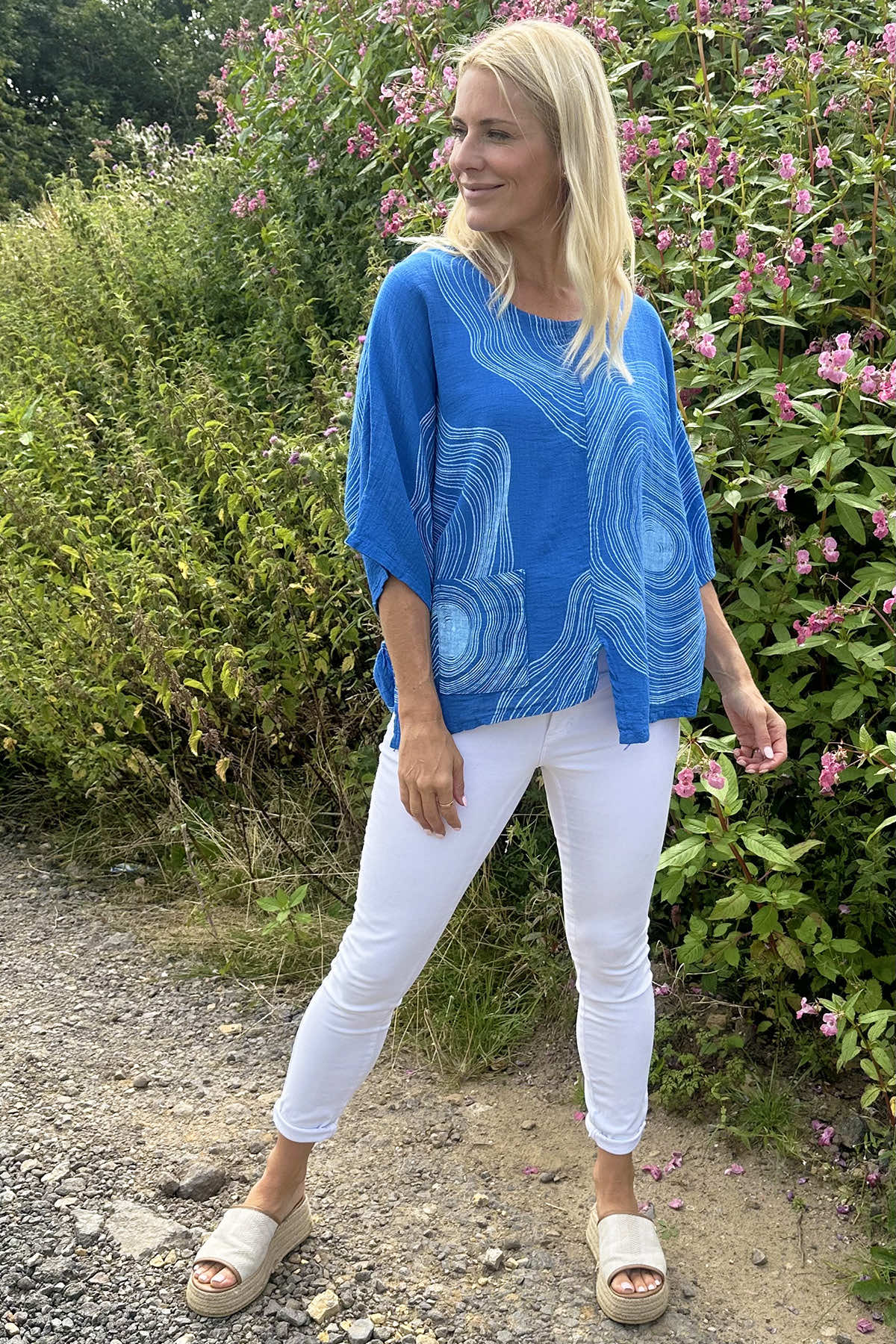 Faye Print Linen Top Cobalt