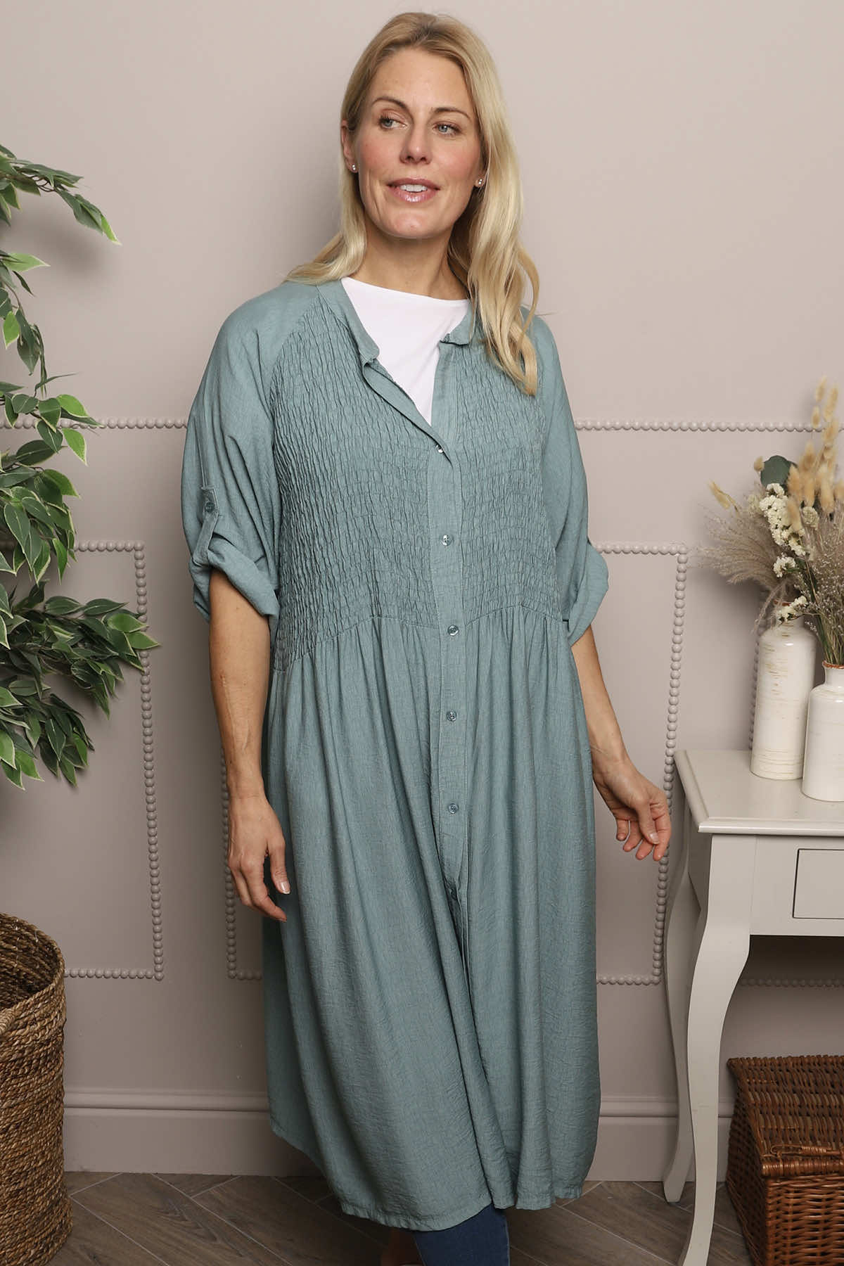 Emersyn Crinkle Shirt Dress Sage Green