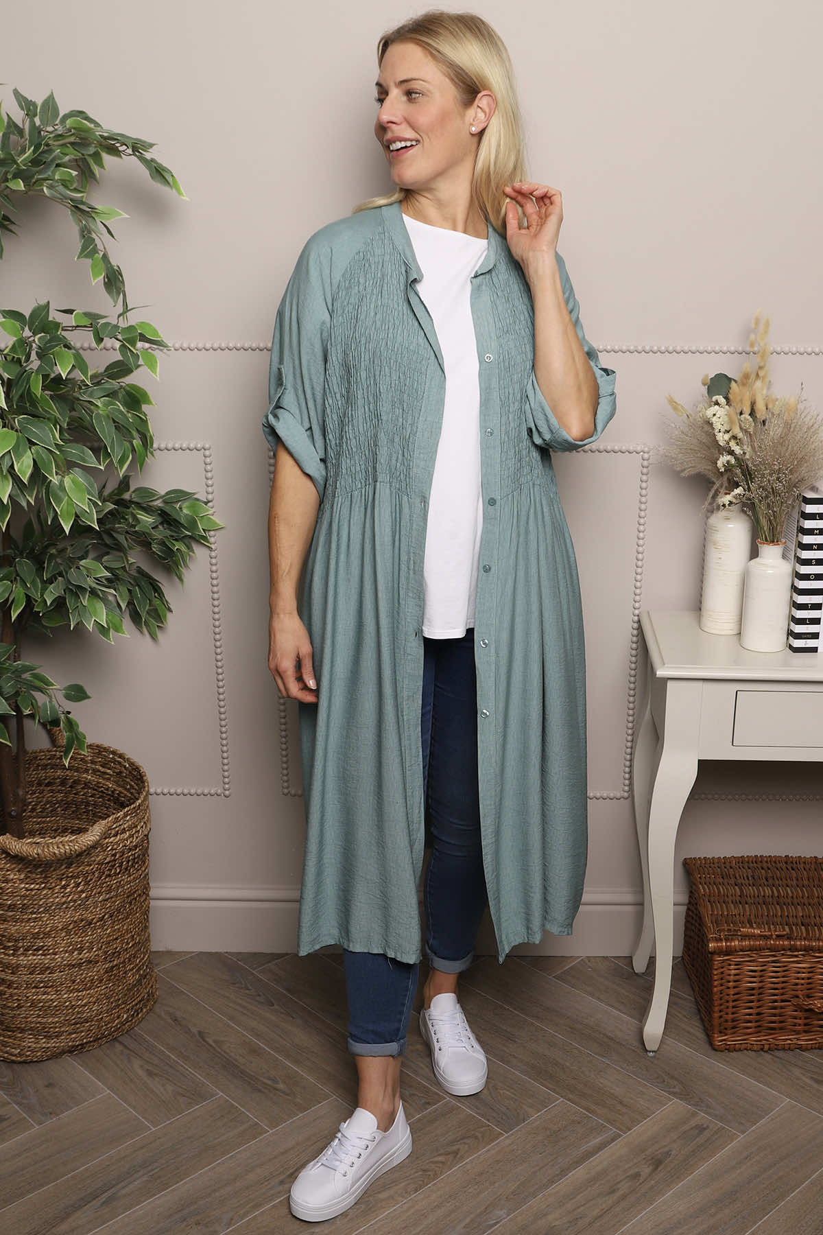 Emersyn Crinkle Shirt Dress Sage Green
