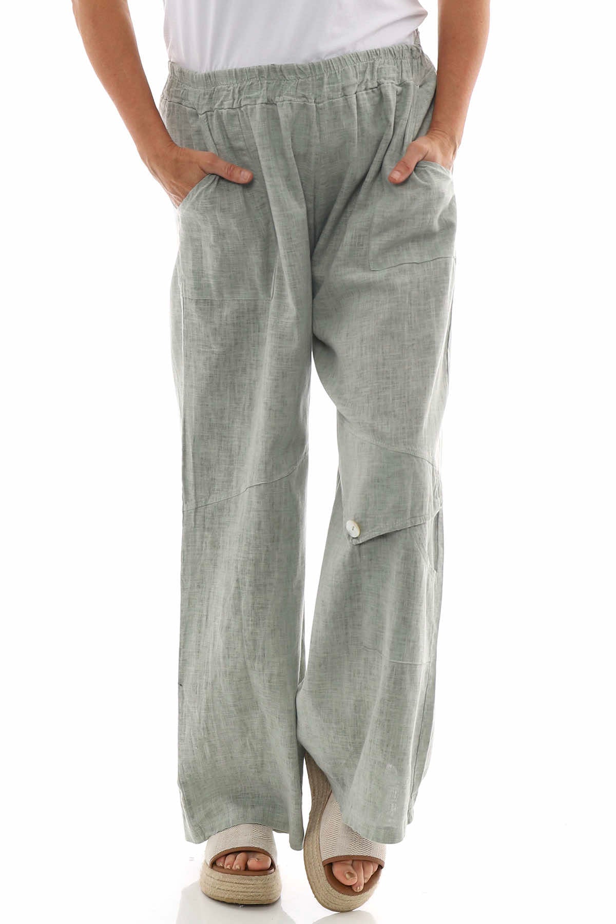 Simena Washed Button Linen Trousers Khaki