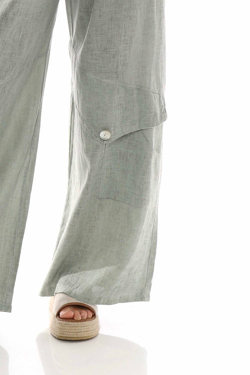 Simena Washed Button Linen Trousers Khaki - Image 5