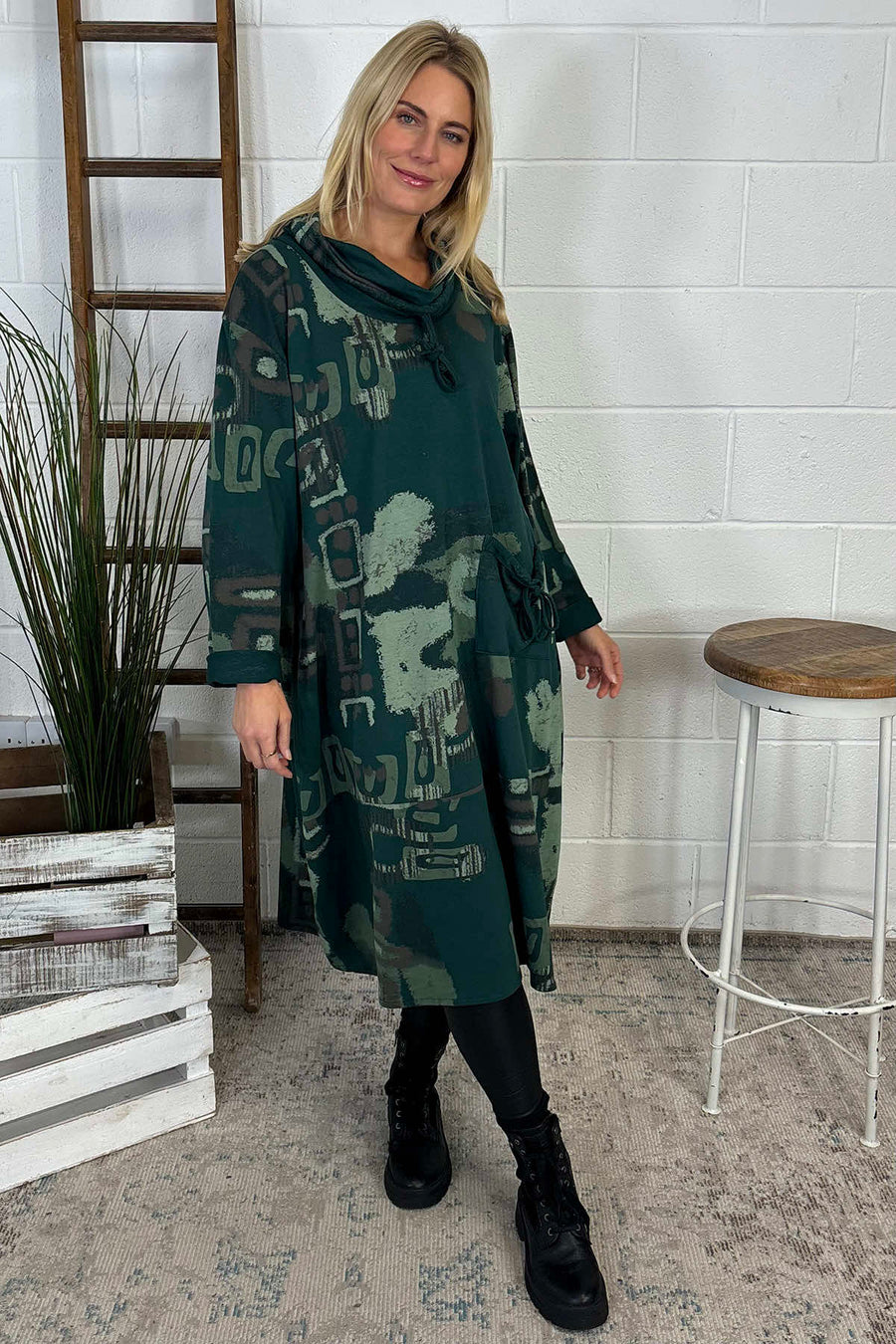 Charlize Print Cowl Neck Cotton Dress Bottle Green