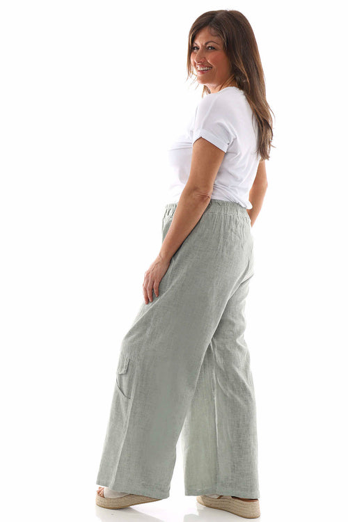 Simena Washed Button Linen Trousers Khaki - Image 8