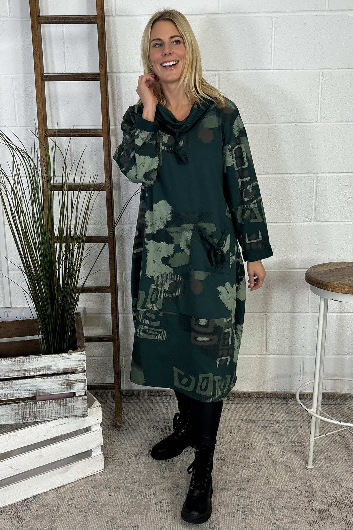 Charlize Print Cowl Neck Cotton Dress Bottle Green