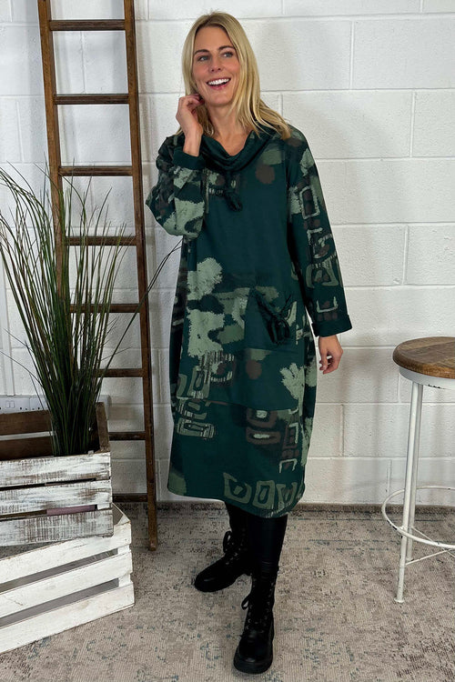 Charlize Print Cowl Neck Cotton Dress Bottle Green - Image 3