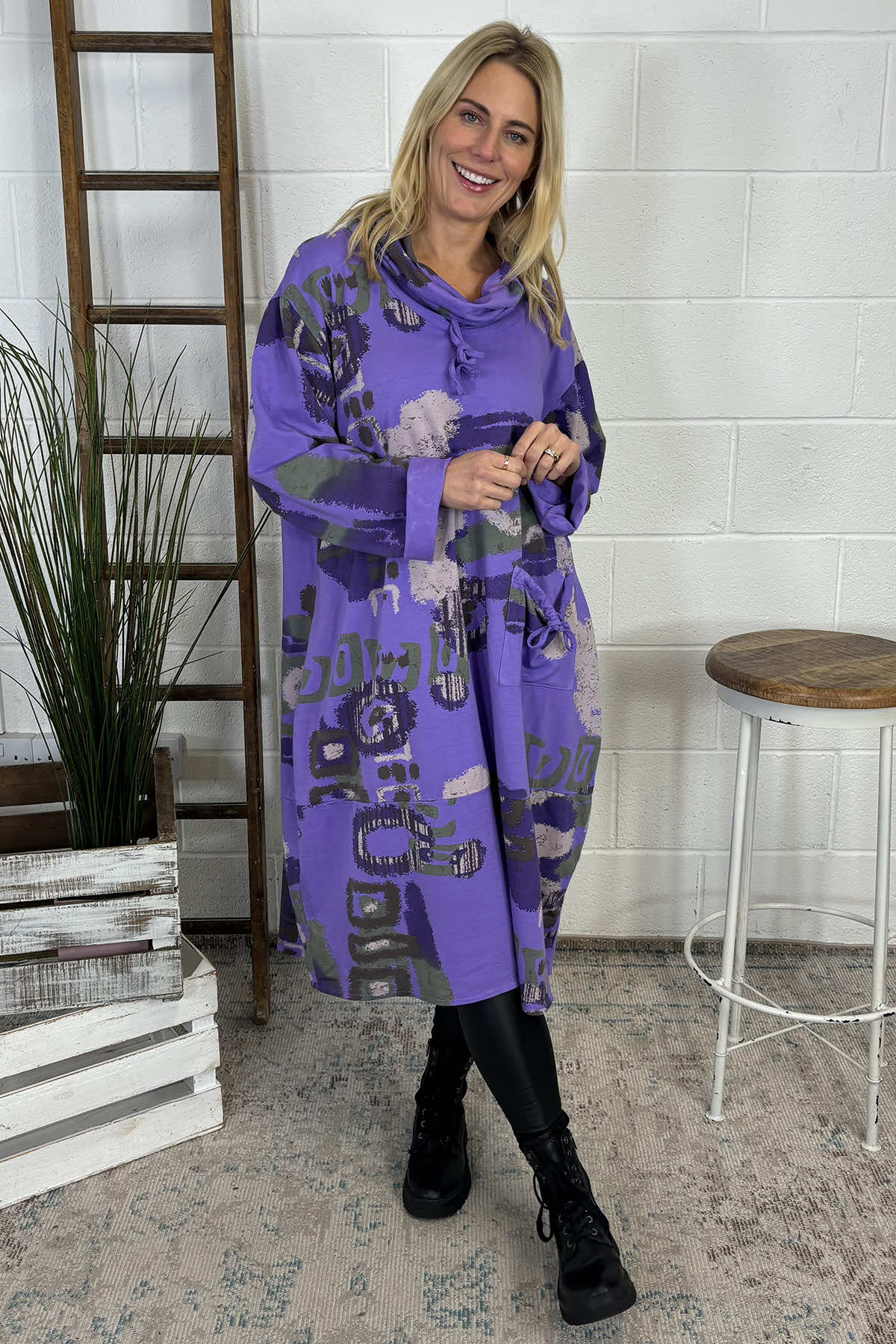 Charlize Print Cowl Neck Cotton Dress Purple