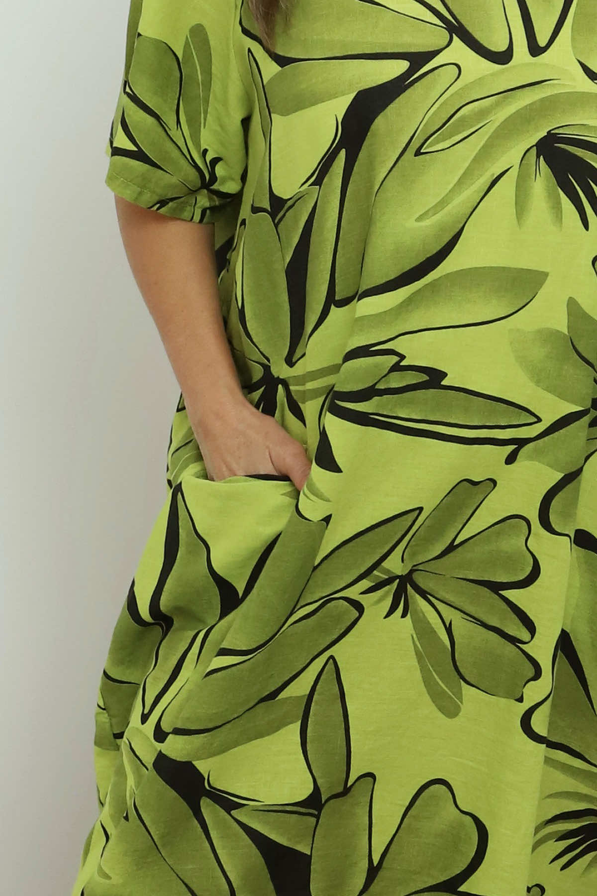 Milana Floral Print Linen Dress Olive