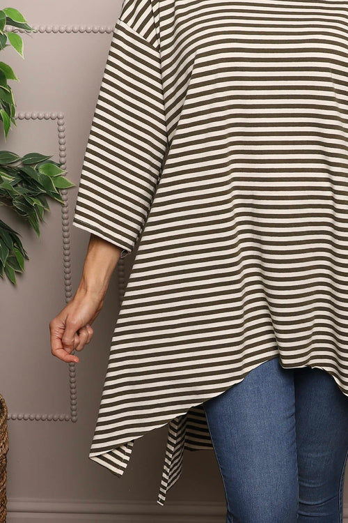 Darby Stripe Dipped Hem Cotton Top Khaki - Image 3
