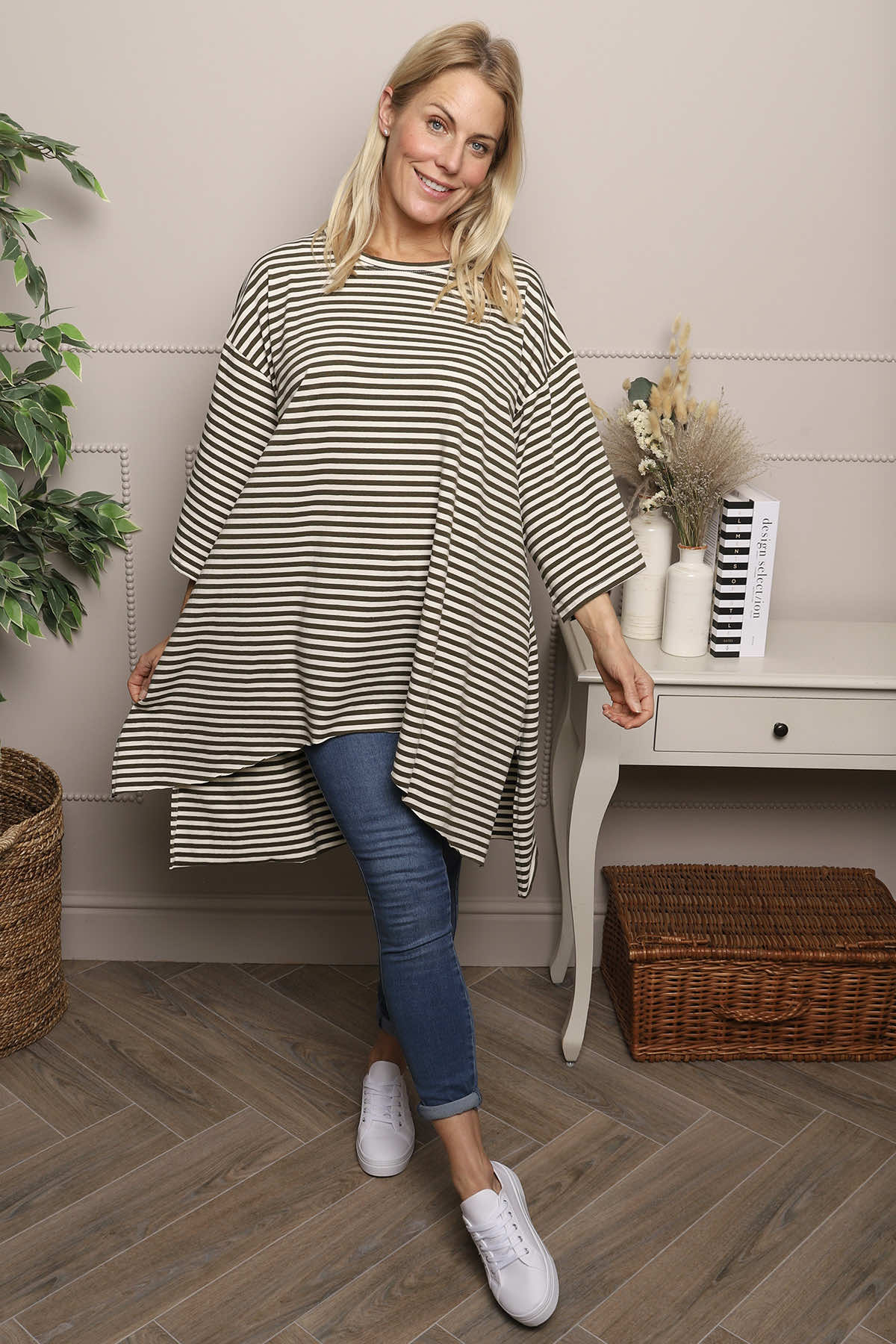Darby Stripe Dipped Hem Cotton Top Khaki